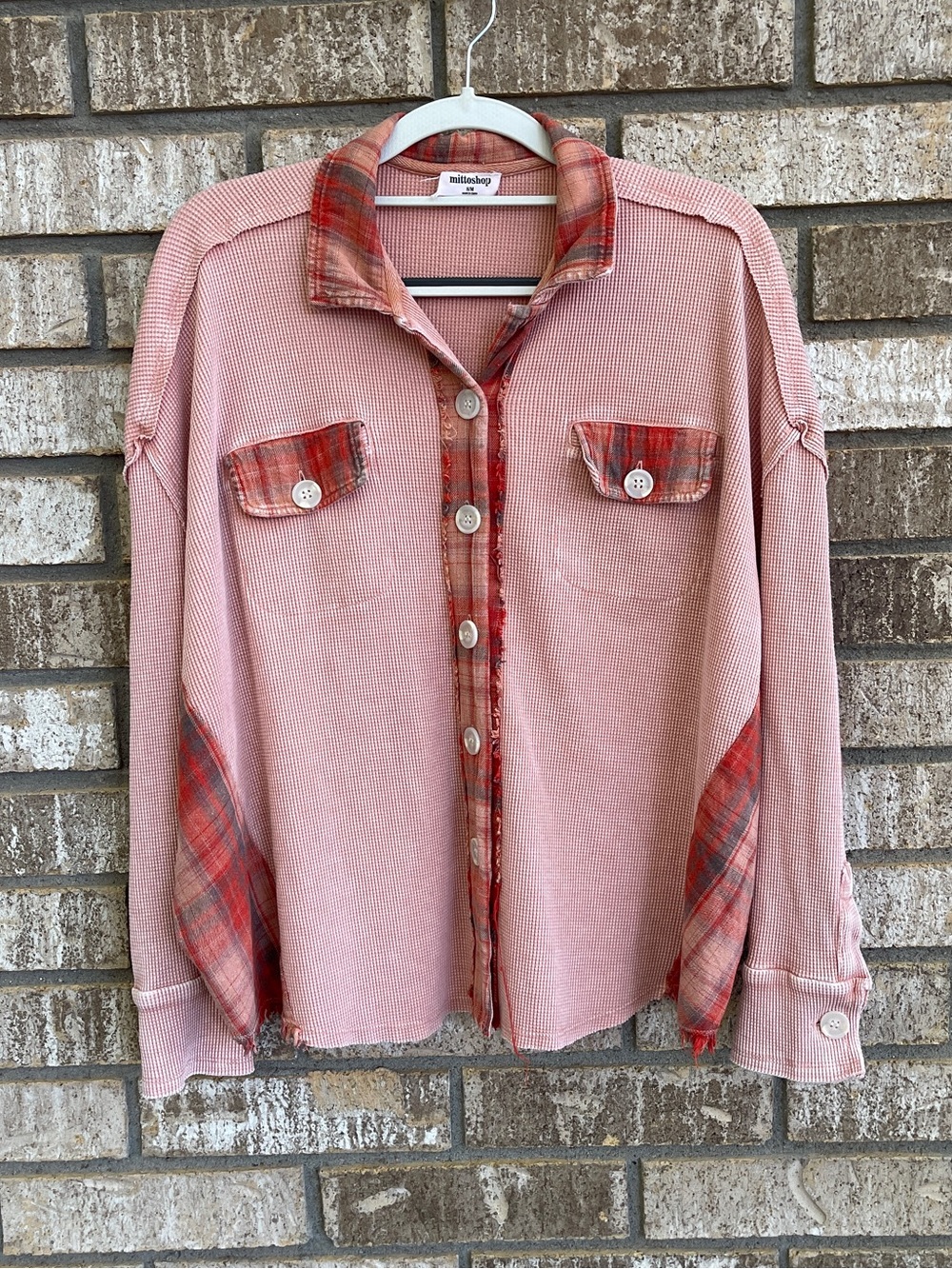 Mittoshop Plaid Contrast Waffle Knit Boho Shacket Raw Hem Top Western Boho S/M